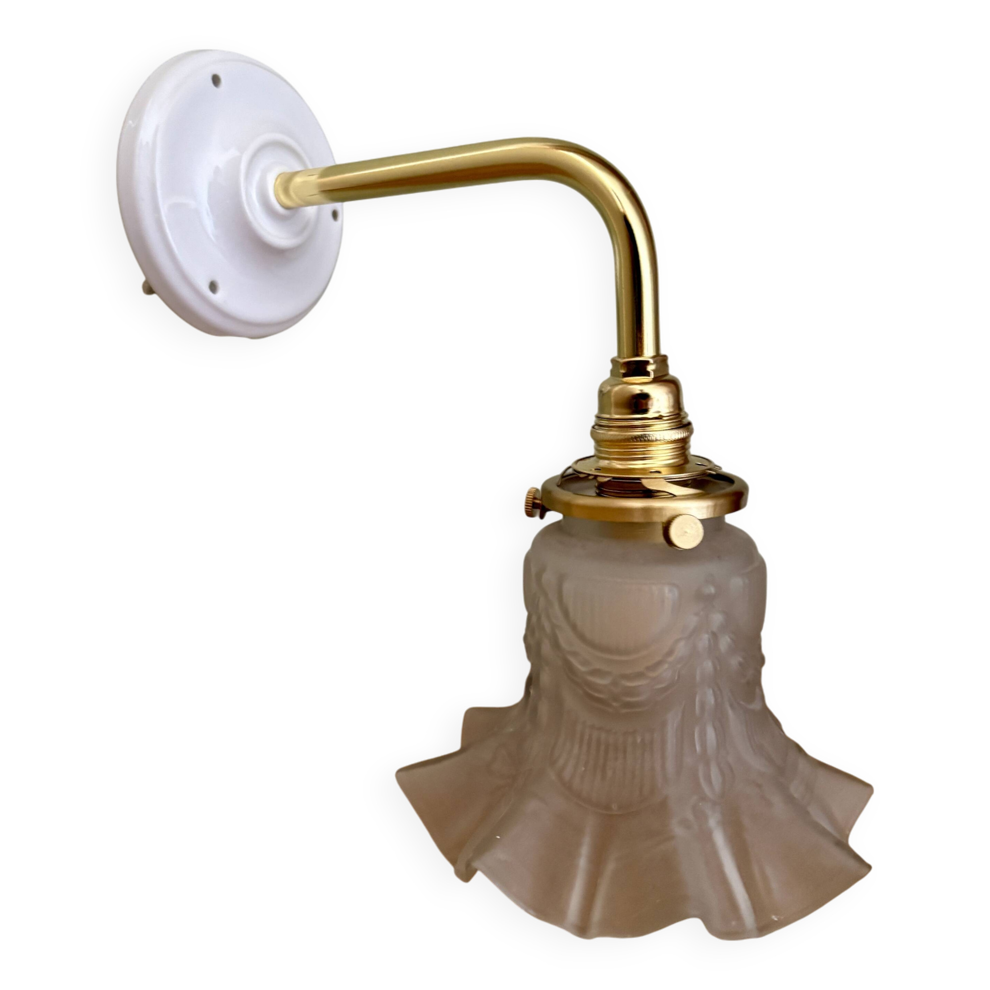 Vintage tulip gold elbow wall lamp in frosted glass