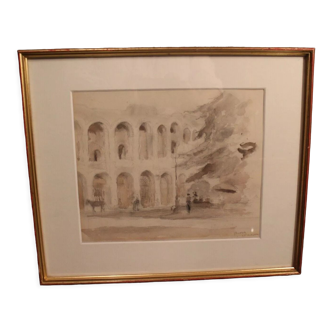 Dessin lavis d'encre représentant les arènes de Vérone