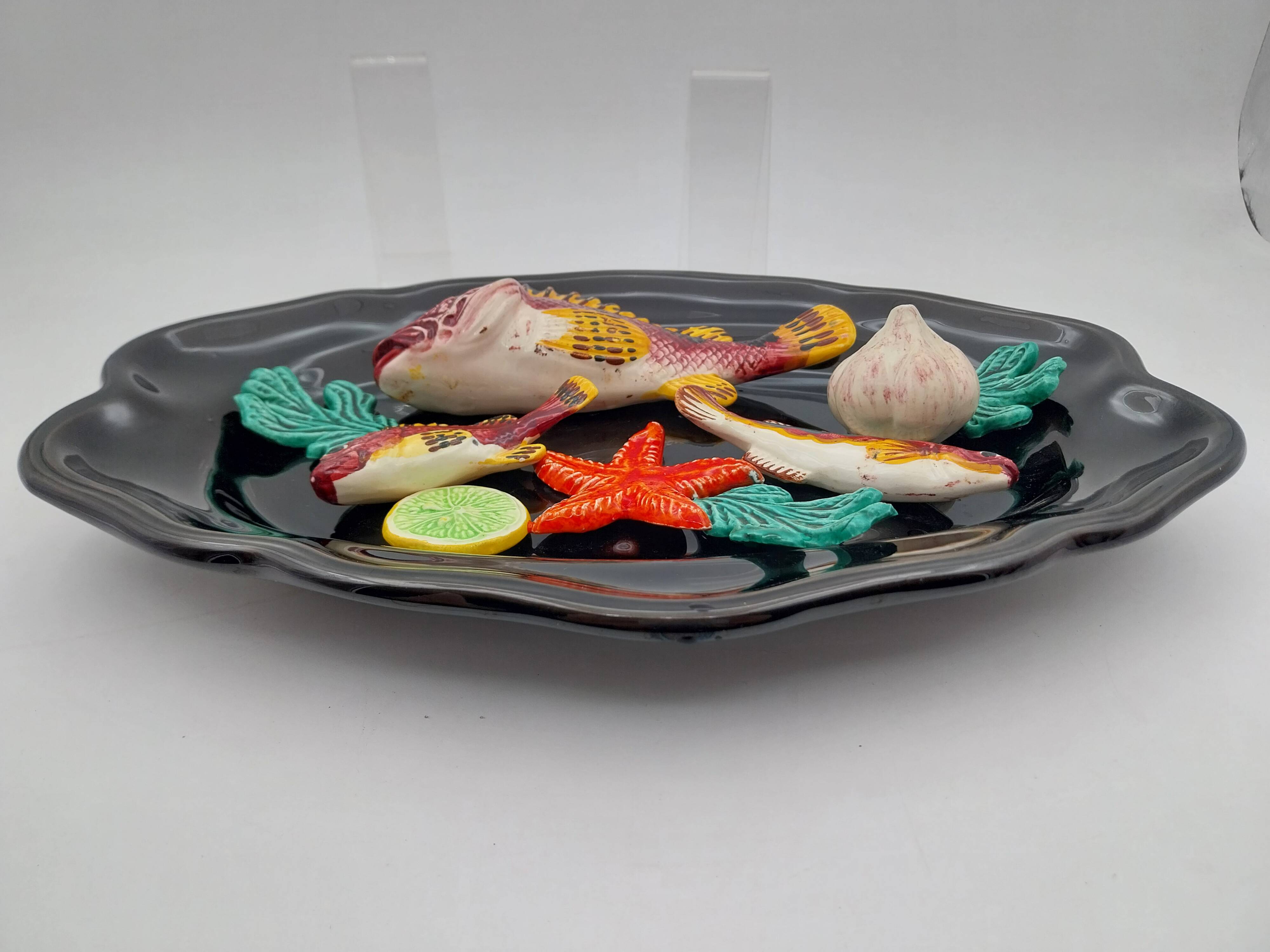 Ceramic dish barbotine vallauris trompe l'oeil kitsch Fish