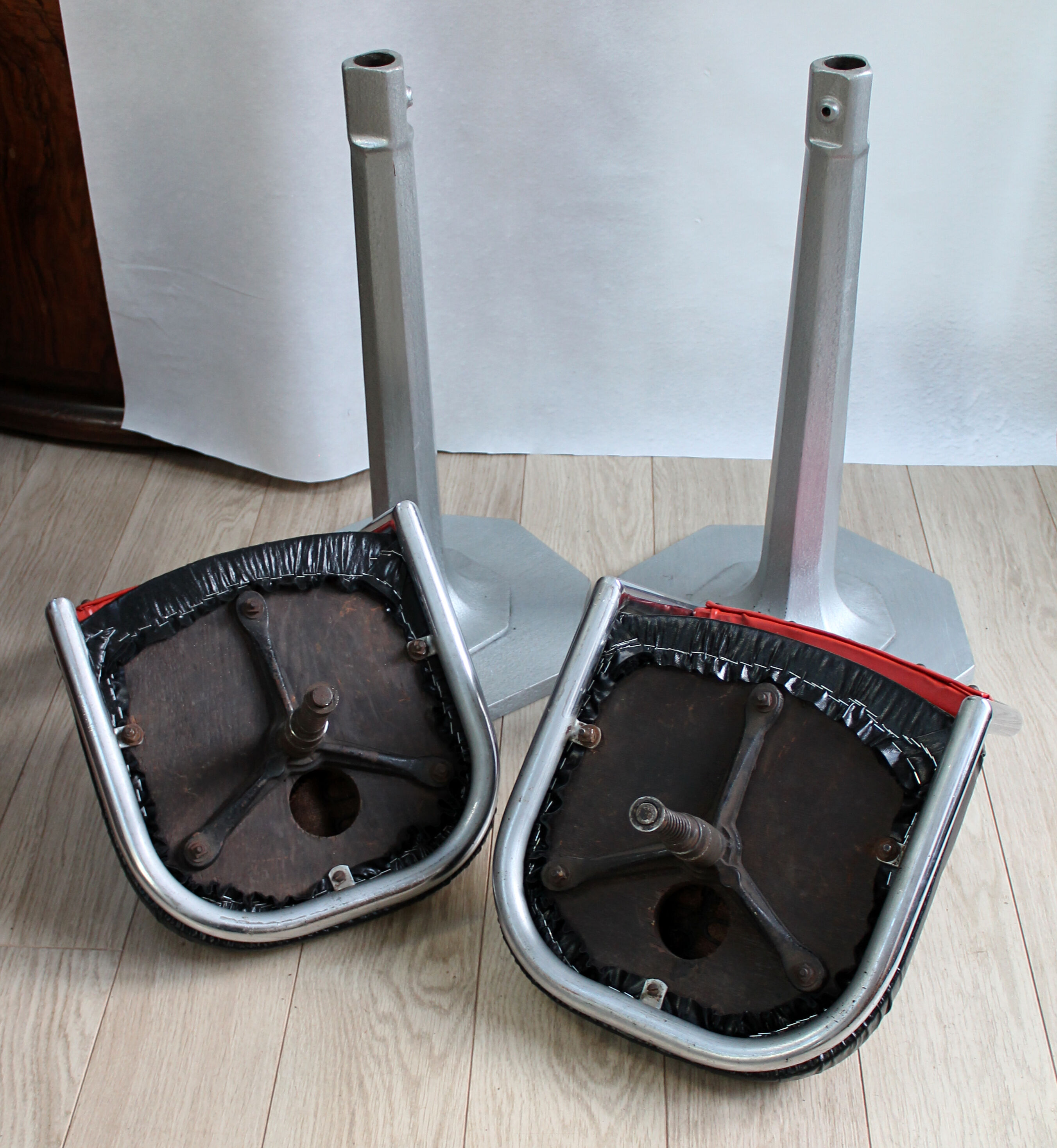 Vintage chrome metal bar stools wood and black and Red skai