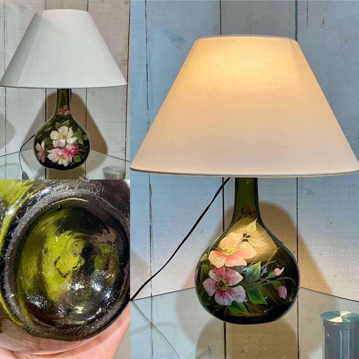 Blown glass lamp painted with a floral design, early 20th century.