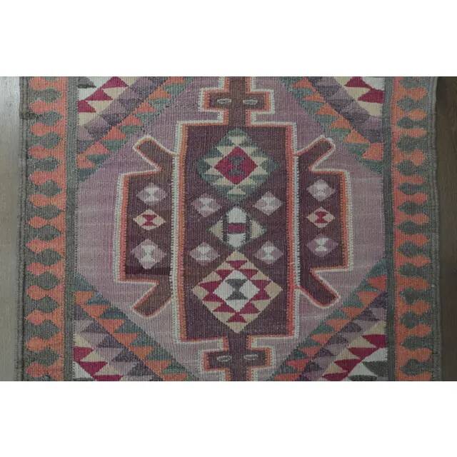1970s Vintage Turkish Oushak Handmade Wool Cotton Purple Runner Rug 97x385