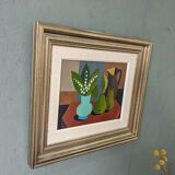 Mid-Century Modern "Pears & Lily of the Valley" Swedish Vintage Expressionist Still Life Tempera Pai