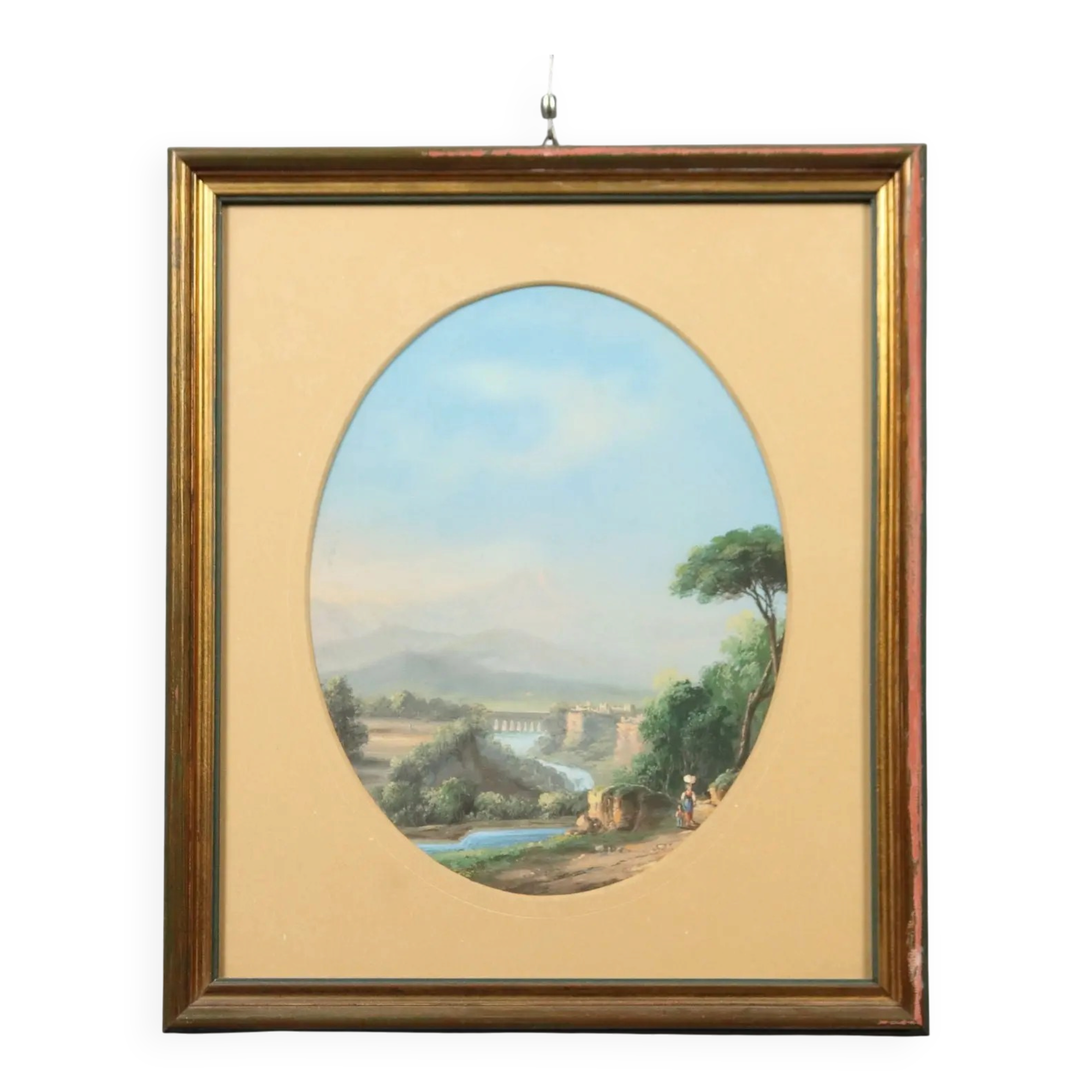 Modern painting landscape with figures, tempera on cardboard, '900