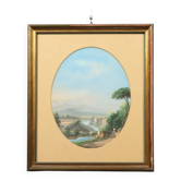 Modern painting landscape with figures, tempera on cardboard, '900