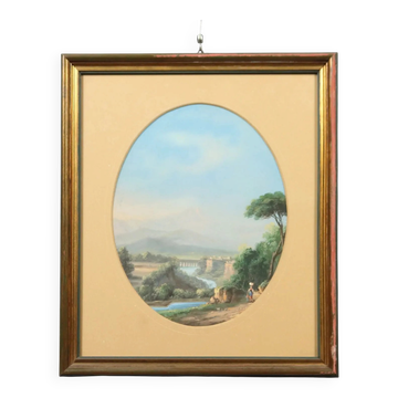 Modern painting landscape with figures, tempera on cardboard, '900