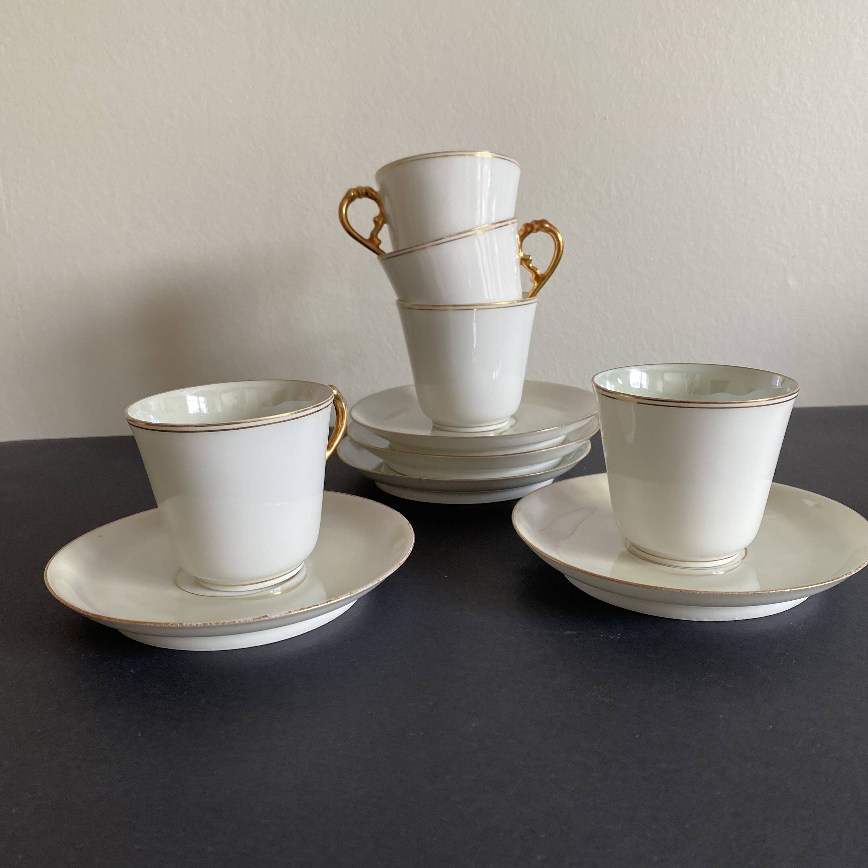 5 antique porcelain espresso cups in aqua green and gold trim