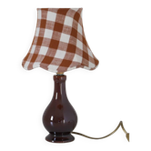 Recycled vintage lamp — brown ceramic base, terracotta gingham shade