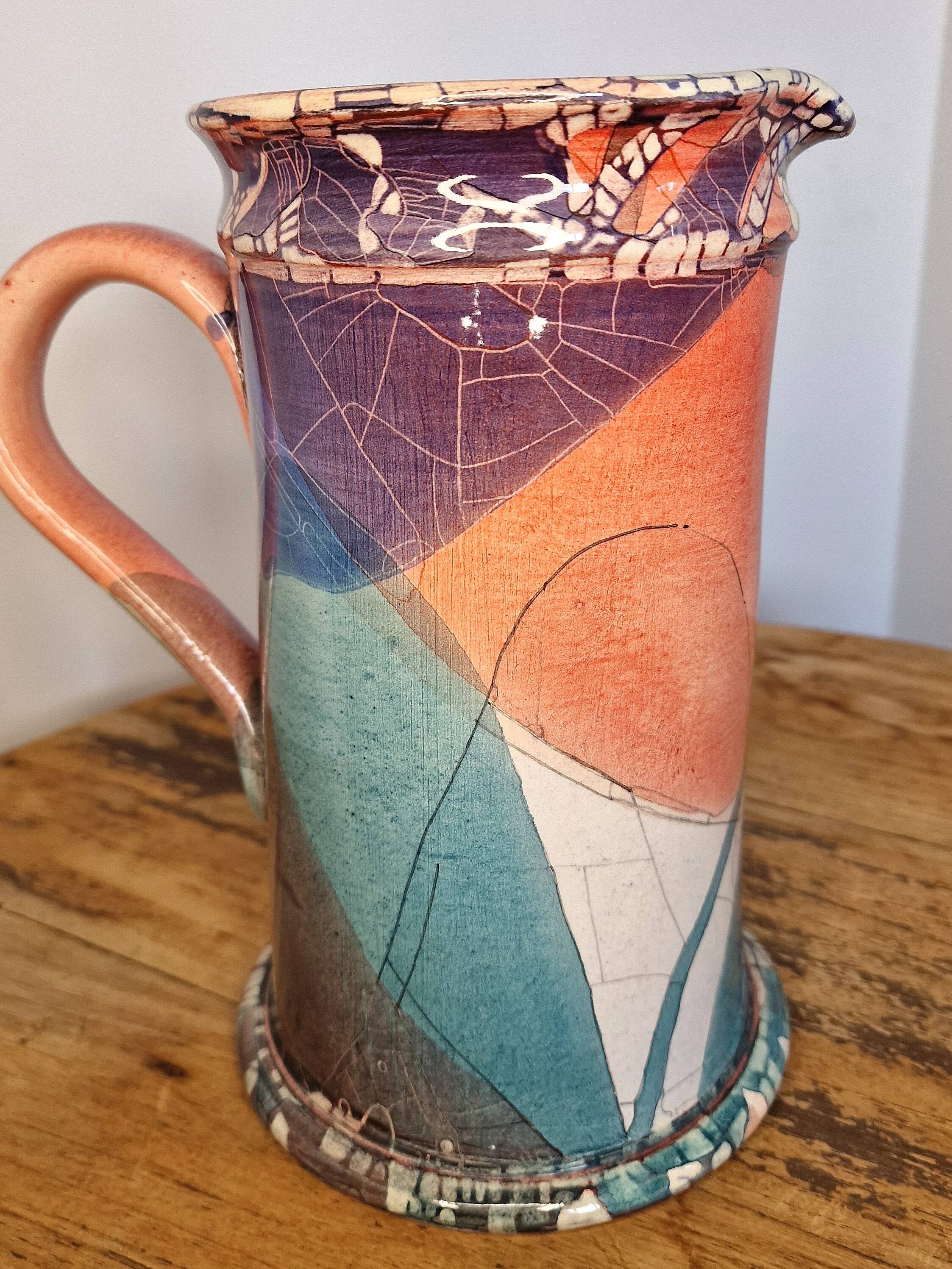 Large sculptural ceramic pitcher by a signed artist – abstract decoration