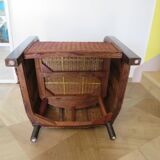 Vintage colonial-style armchair in woven rattan and exotic wood