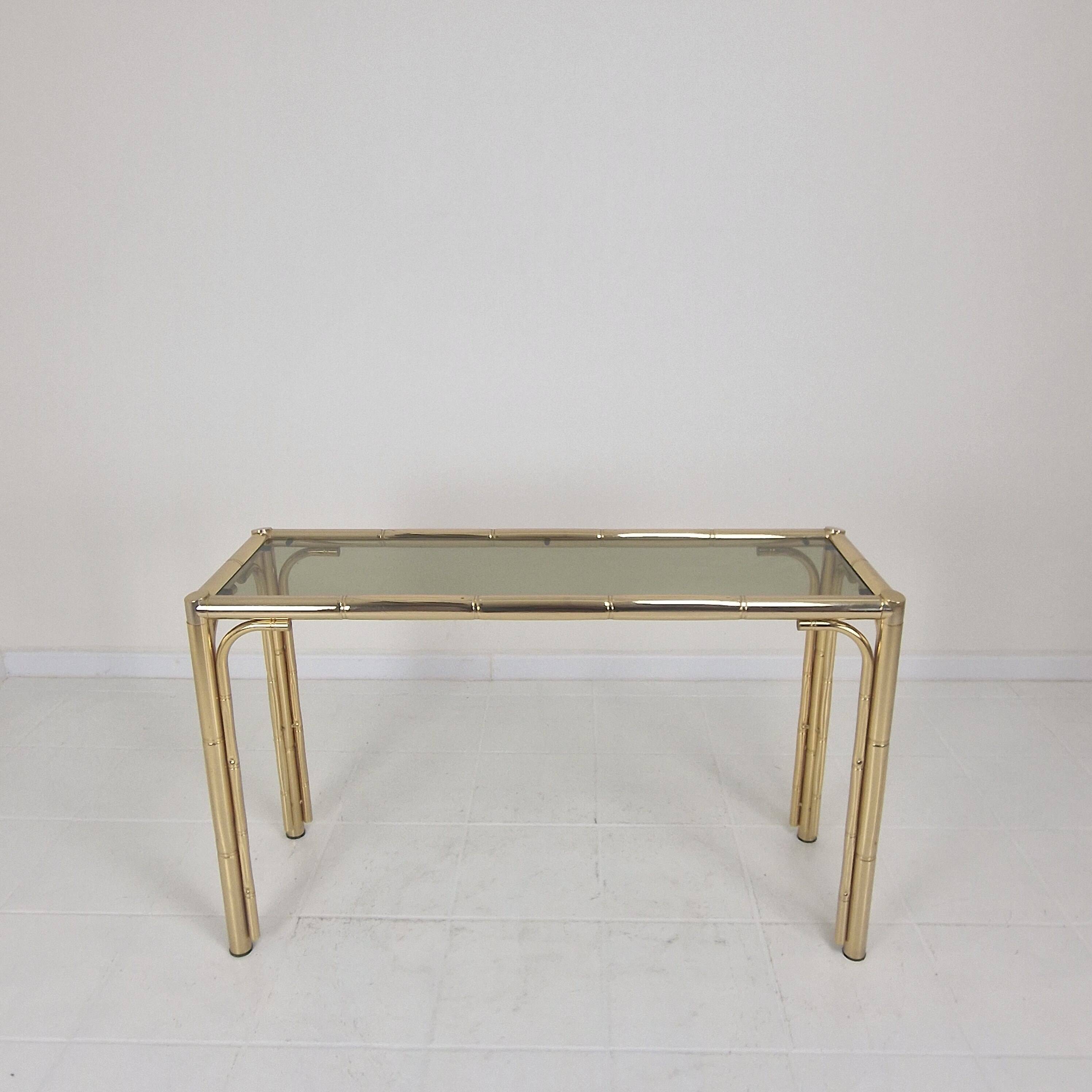 Italian Rectangle Side Table in Brass Bamboo and Smoked Glass, 1970s
