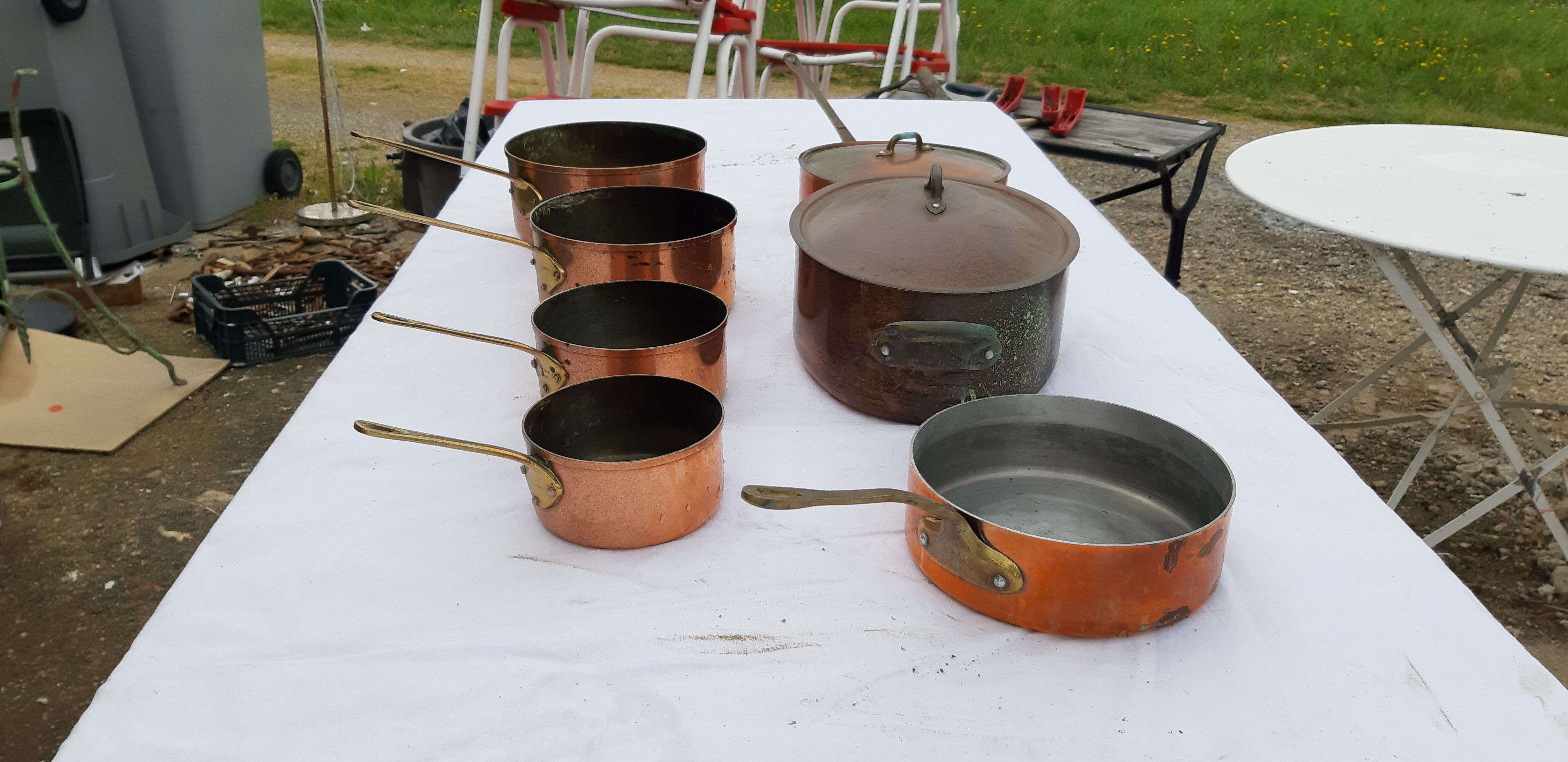 Lots of tinned copper kitchen utensils
