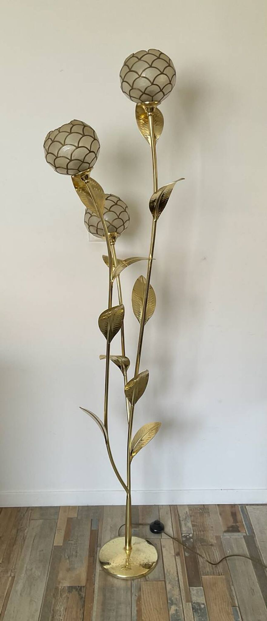 Vintage brass and mother-of-pearl floor lamp from the 70s