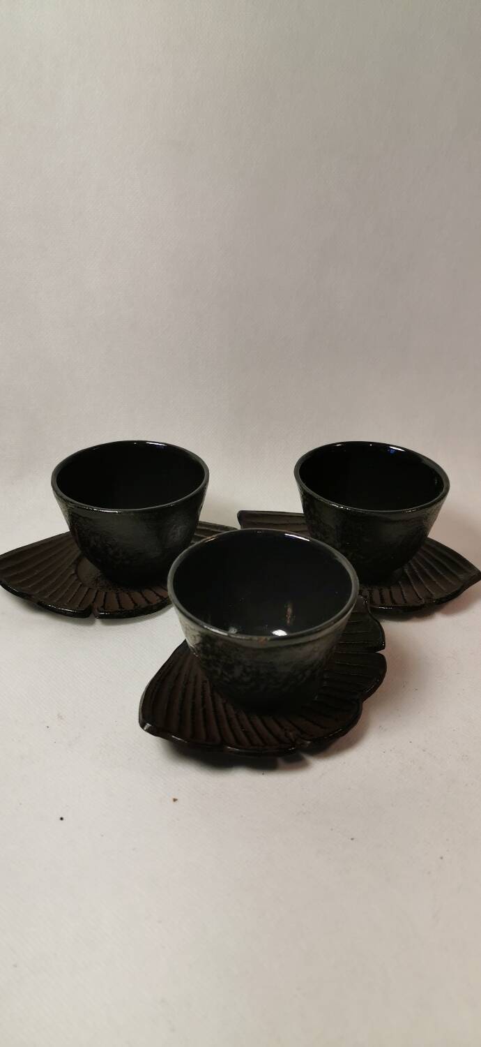 Set of 12 Asian Tea Cups and Saucers in Enameled Cast Iron