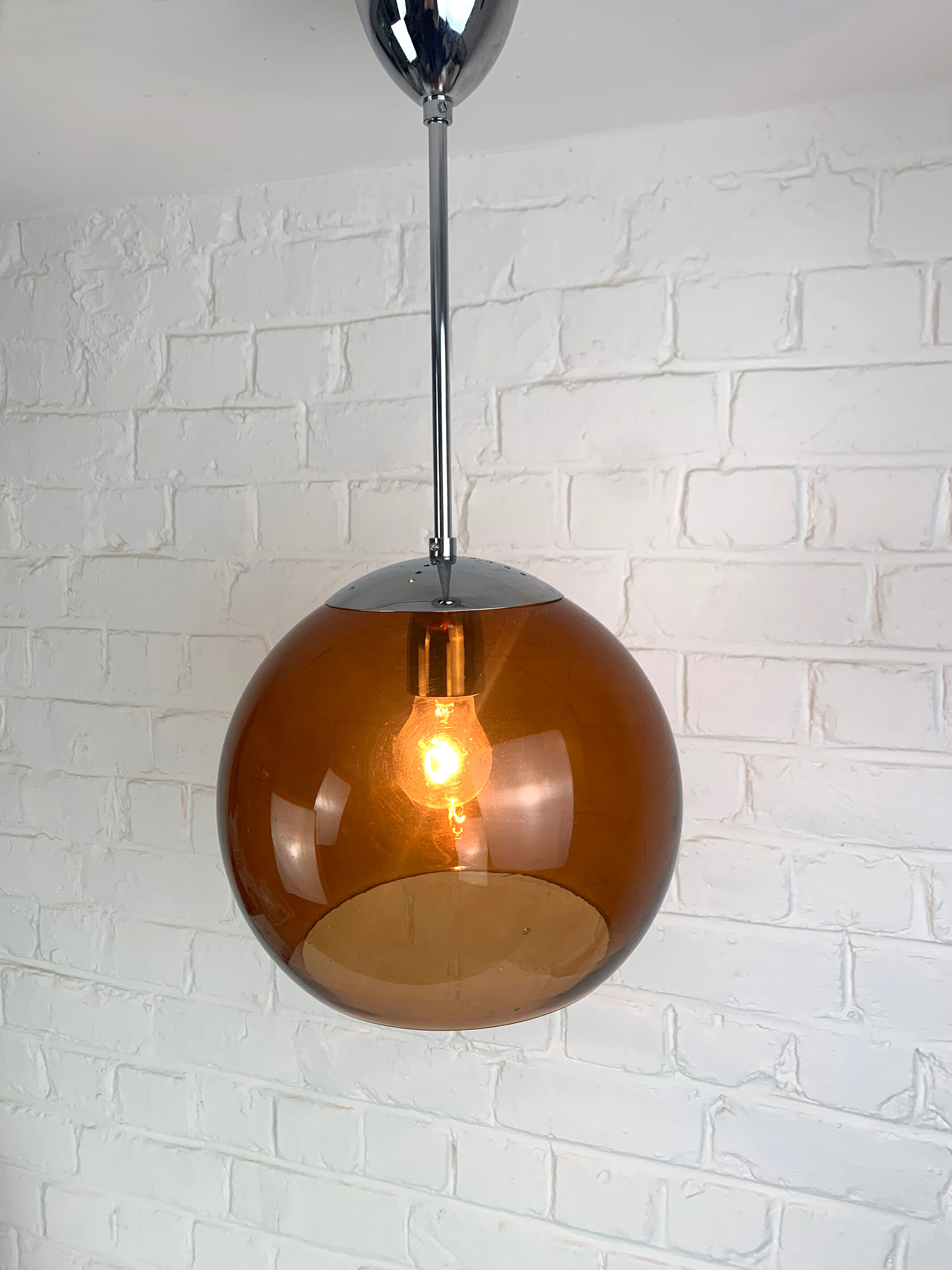 Pendant lamp ball Space Age amber glass chrome 1970s