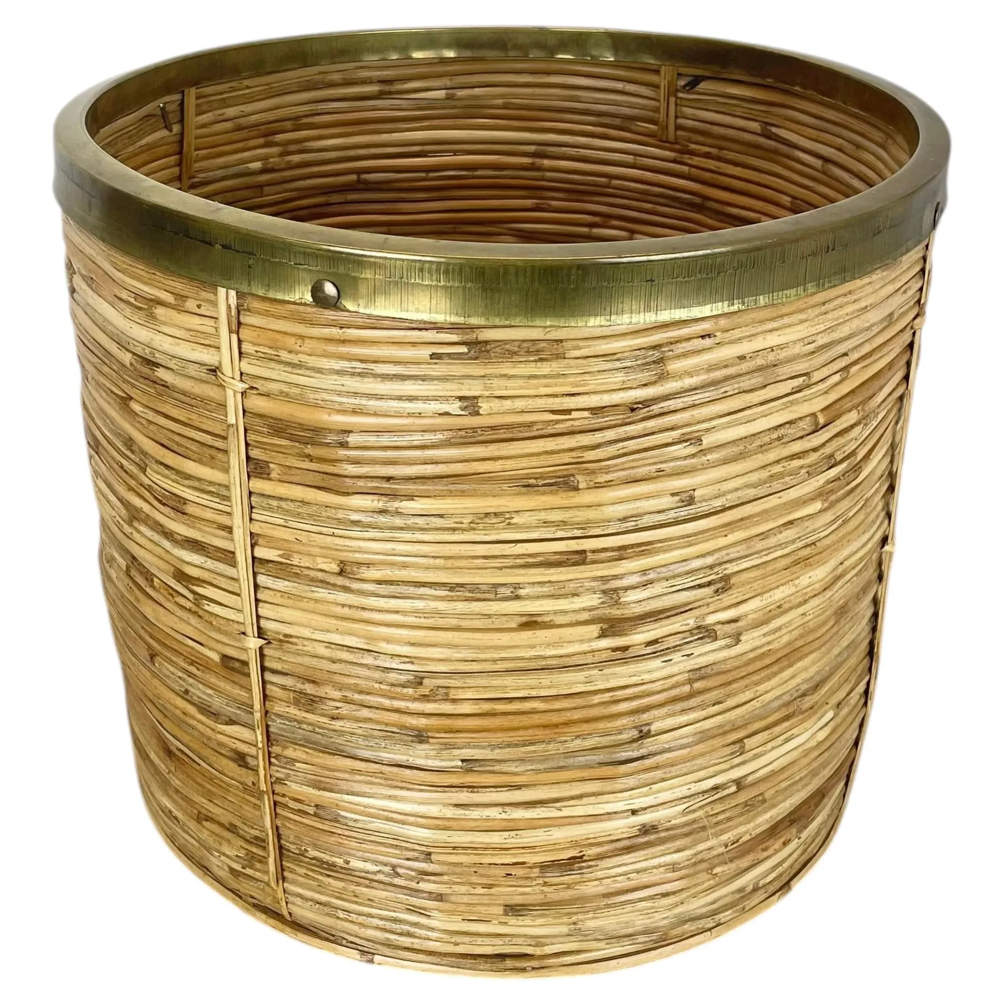 xl 31 cm, rare rattan and brass waste basket in the Crespi-Albini style, Italy 1970
