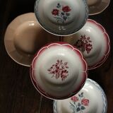6 mismatched soup plates Digoin Sarreguemines red blue pink