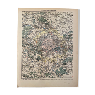 Lithographie gravure carte de Paris et sa banlieue de 1897