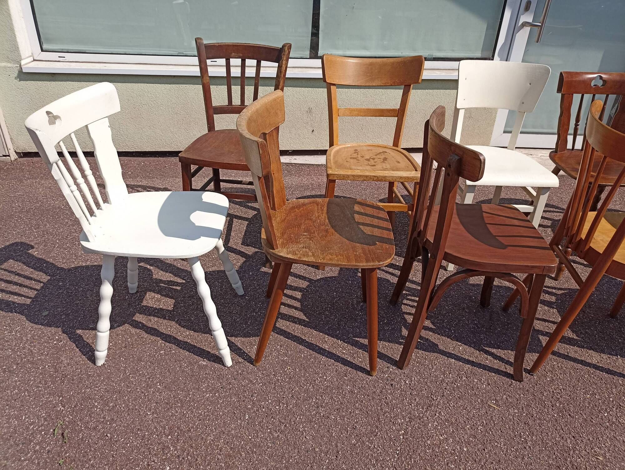 Set of 18 mismatched wooden bistro chairs - vintage