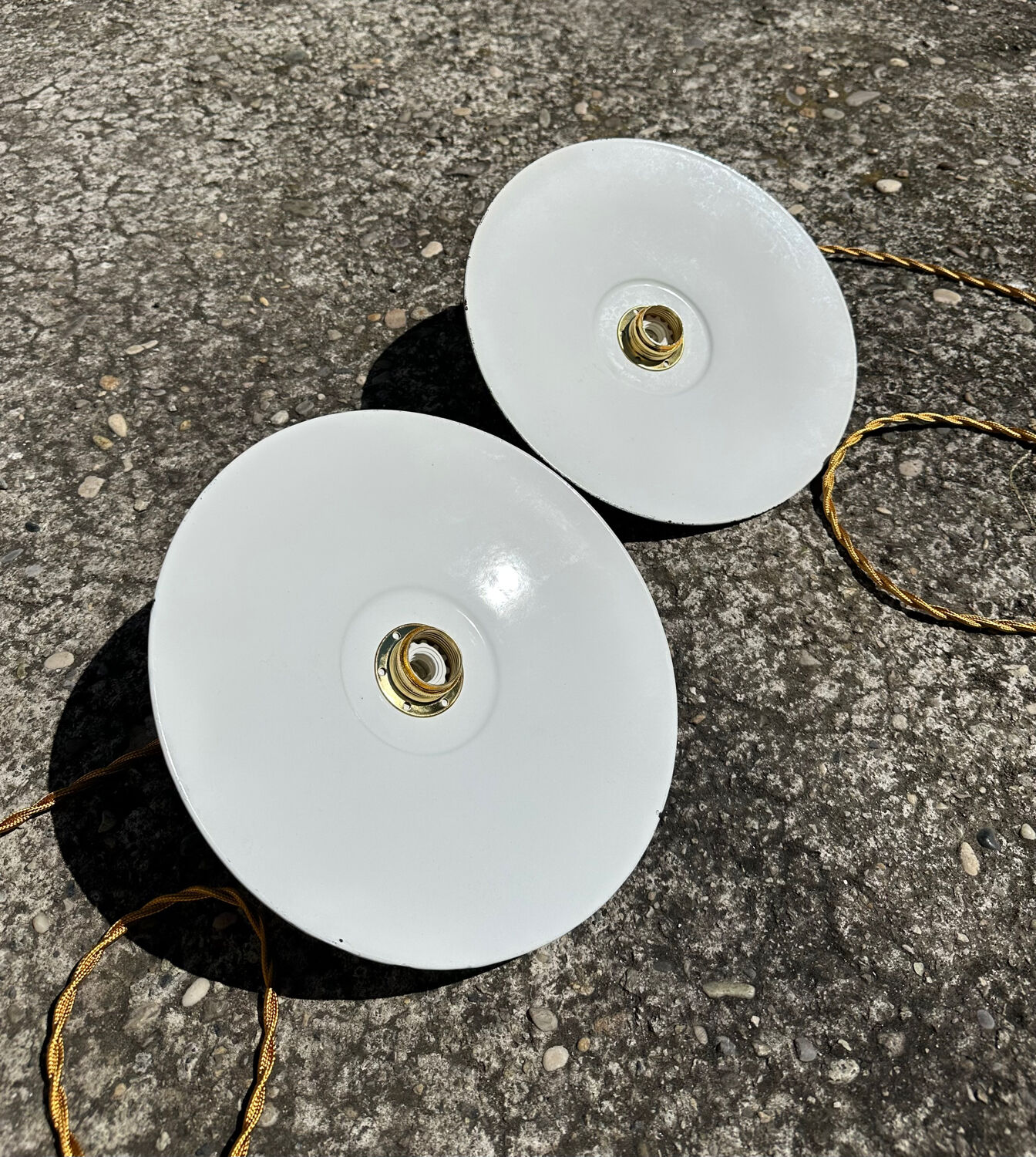 2 vintage enamelled sheet metal pendant lights