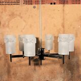 Chandelier space age 6 lights in chrome & glass molded by Hillebrand Lighting, 1960s