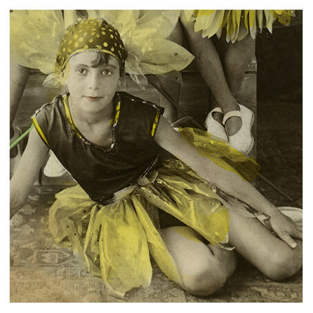 Photograph of five girls disguised as sunflowers