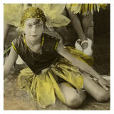 Photograph of five girls disguised as sunflowers