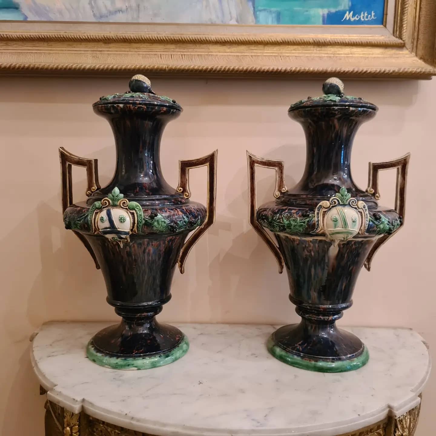 Large pair of polychrome earthenware vases, circa 1860.