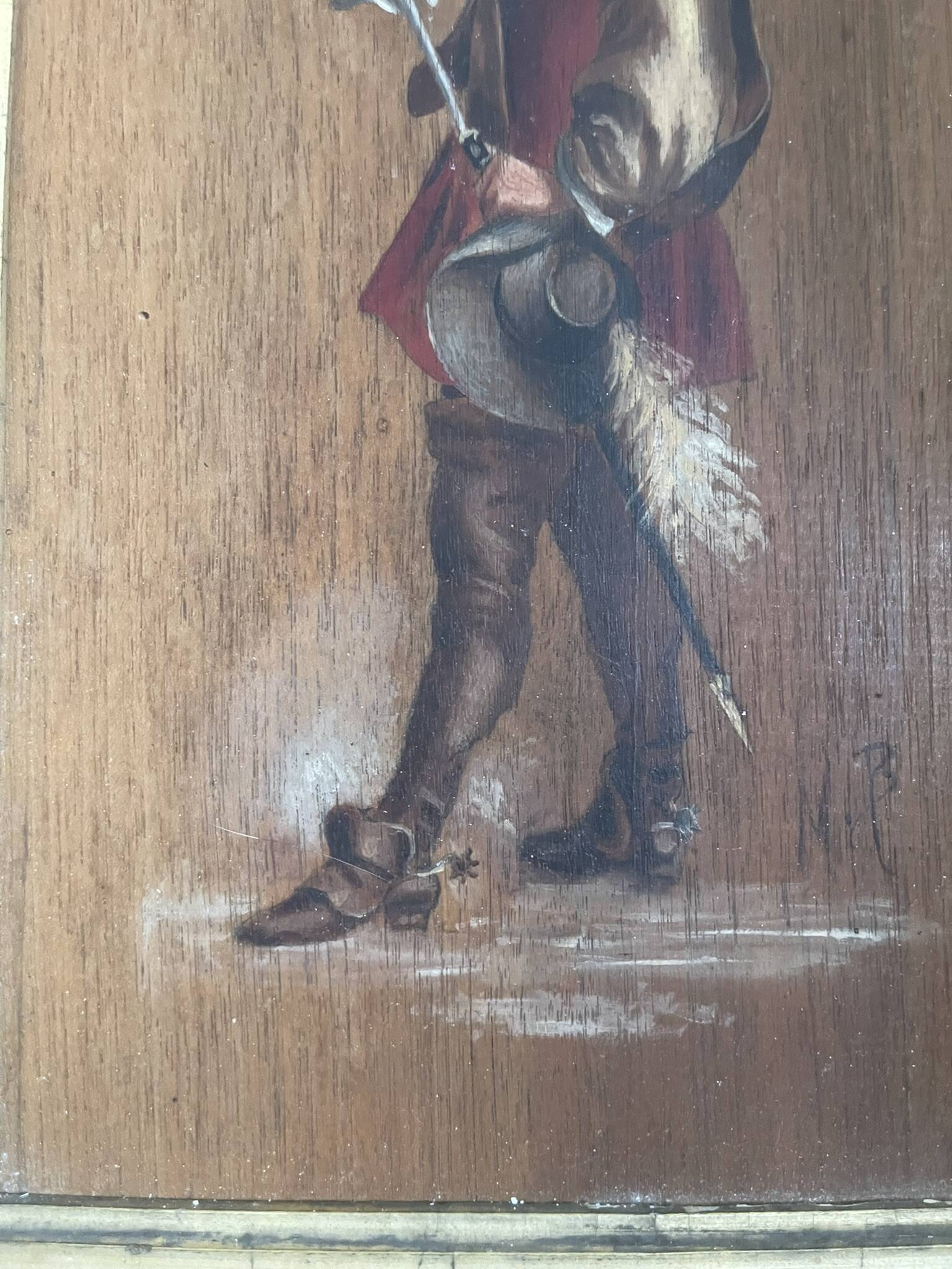 Antique Oil Wood Panel Framed Musketeer Signed 19th Century