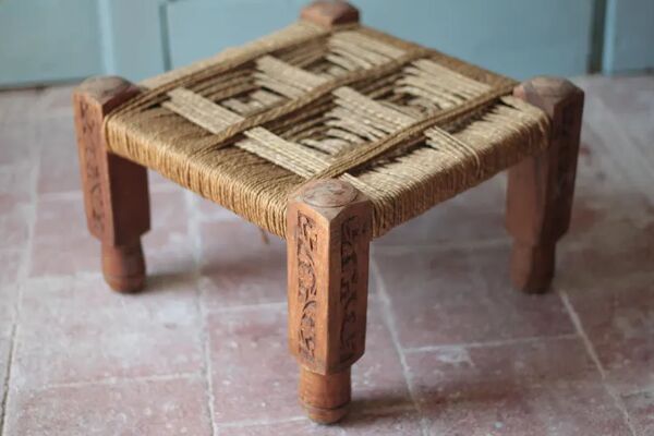 Tabouret vintage, tabouret bois avec cordes, tabouret bas, tabouret ethnique, décoration intérieur, stool