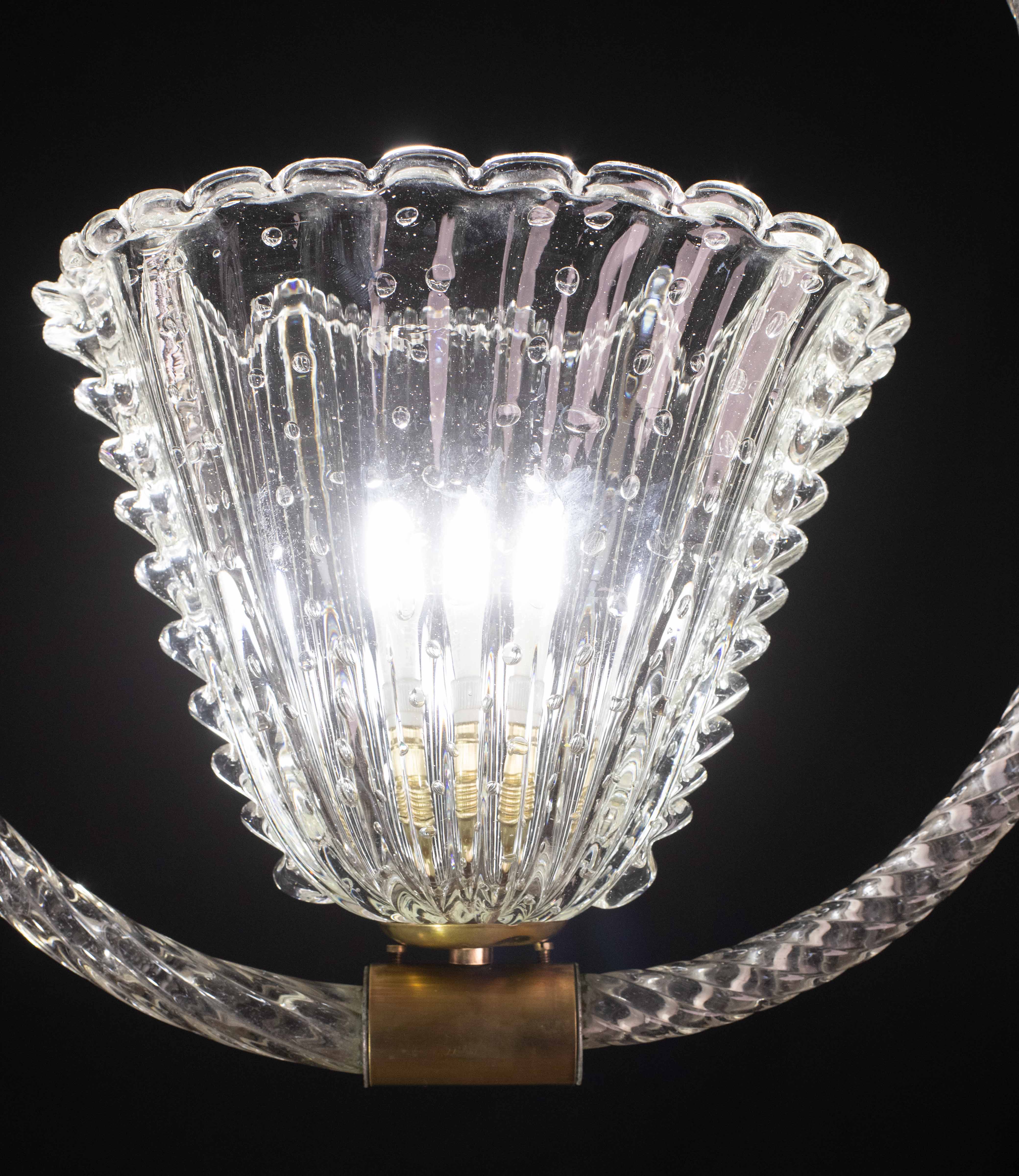 Ercole Barovier Art Deco Chandelier, "Bullicante" Glass Murano, 1940