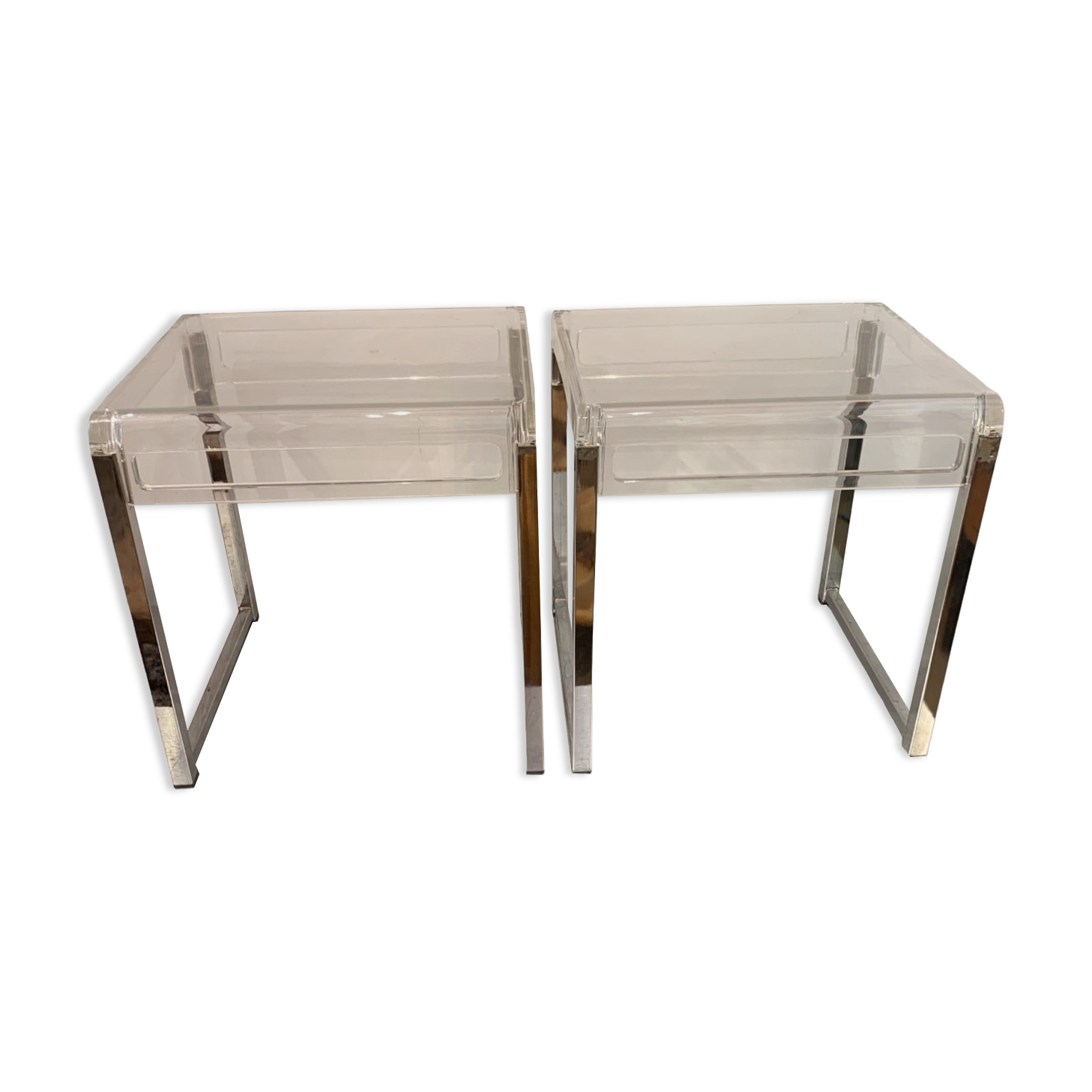 Pair of vintage chrome and acrylic glass bedside tables