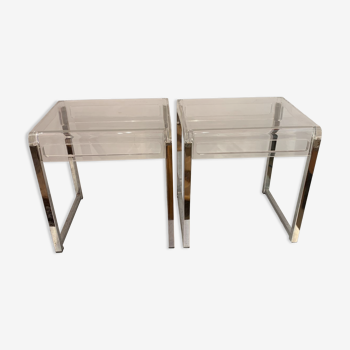 Pair of vintage chrome and acrylic glass bedside tables