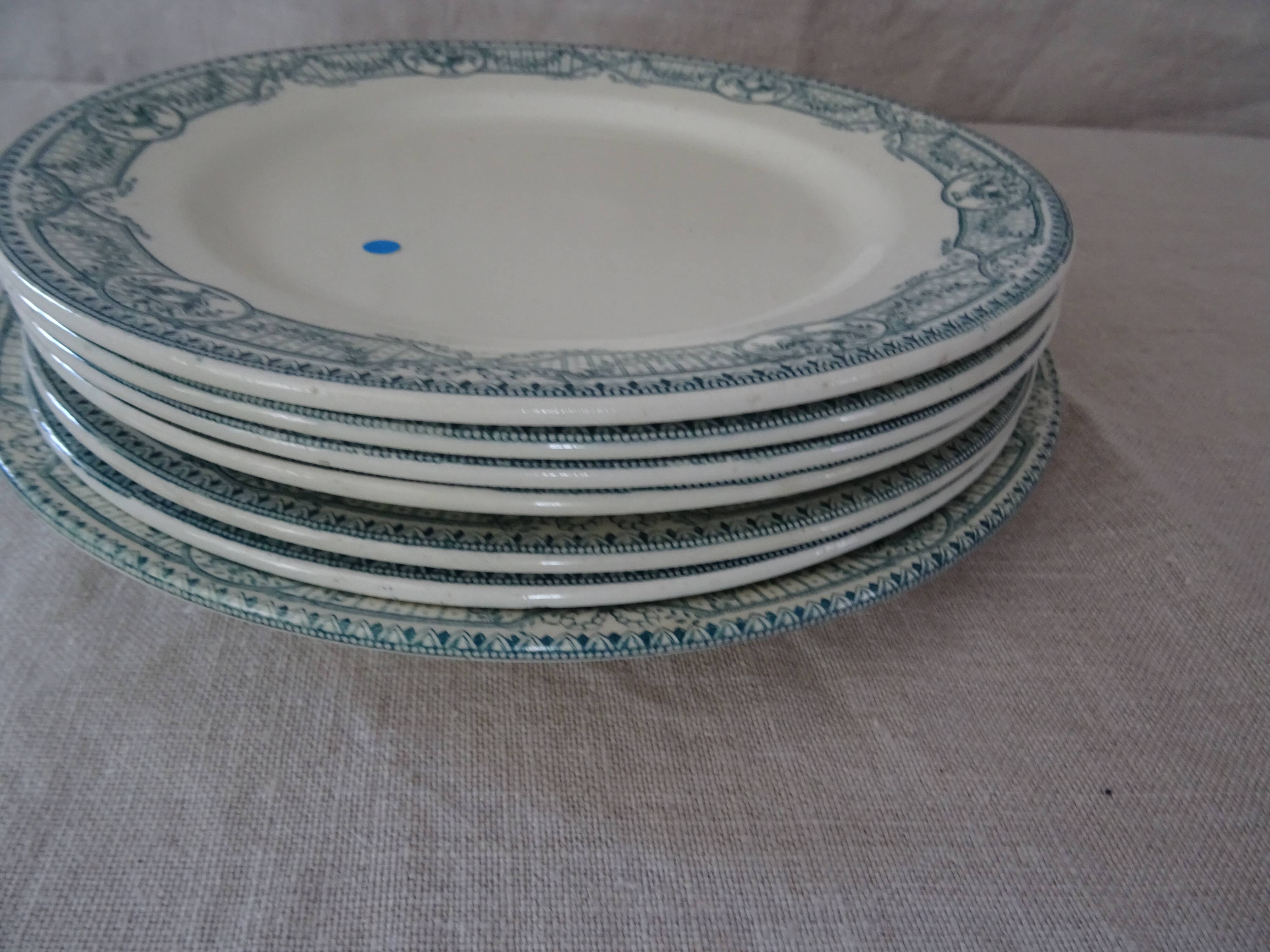 6 Plates and 1 dish Terre De Fer Salins Directoire decoration green faience old GB