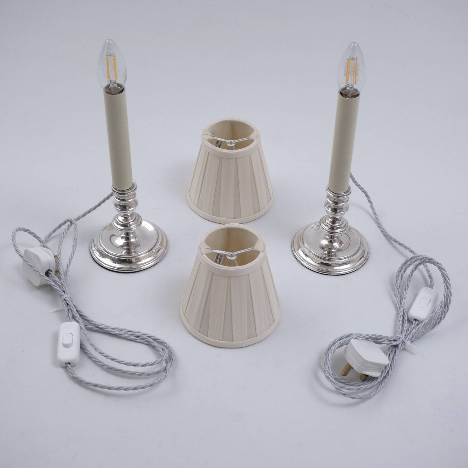 Mappin & Webb vintage pair candlestick table lamps, silver plate, signed, 1980`s ca, English
