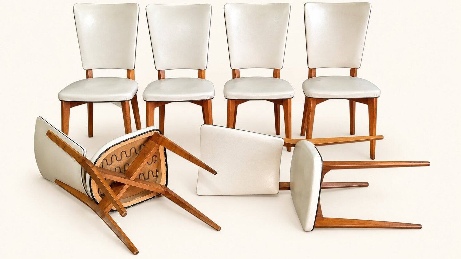 Set of 6 vintage chairs from the 1950s in wood and ivory white faux leather.