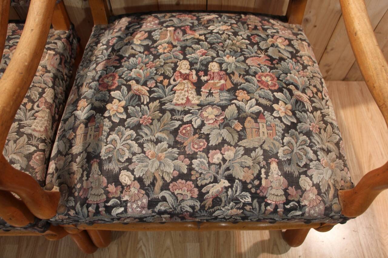 Pair of Louis XIII Style Armchairs in Sheep Bone, Needlepoint Tapestry