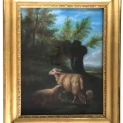 French school, pastel animated landscape with sheep from the early 20th century.