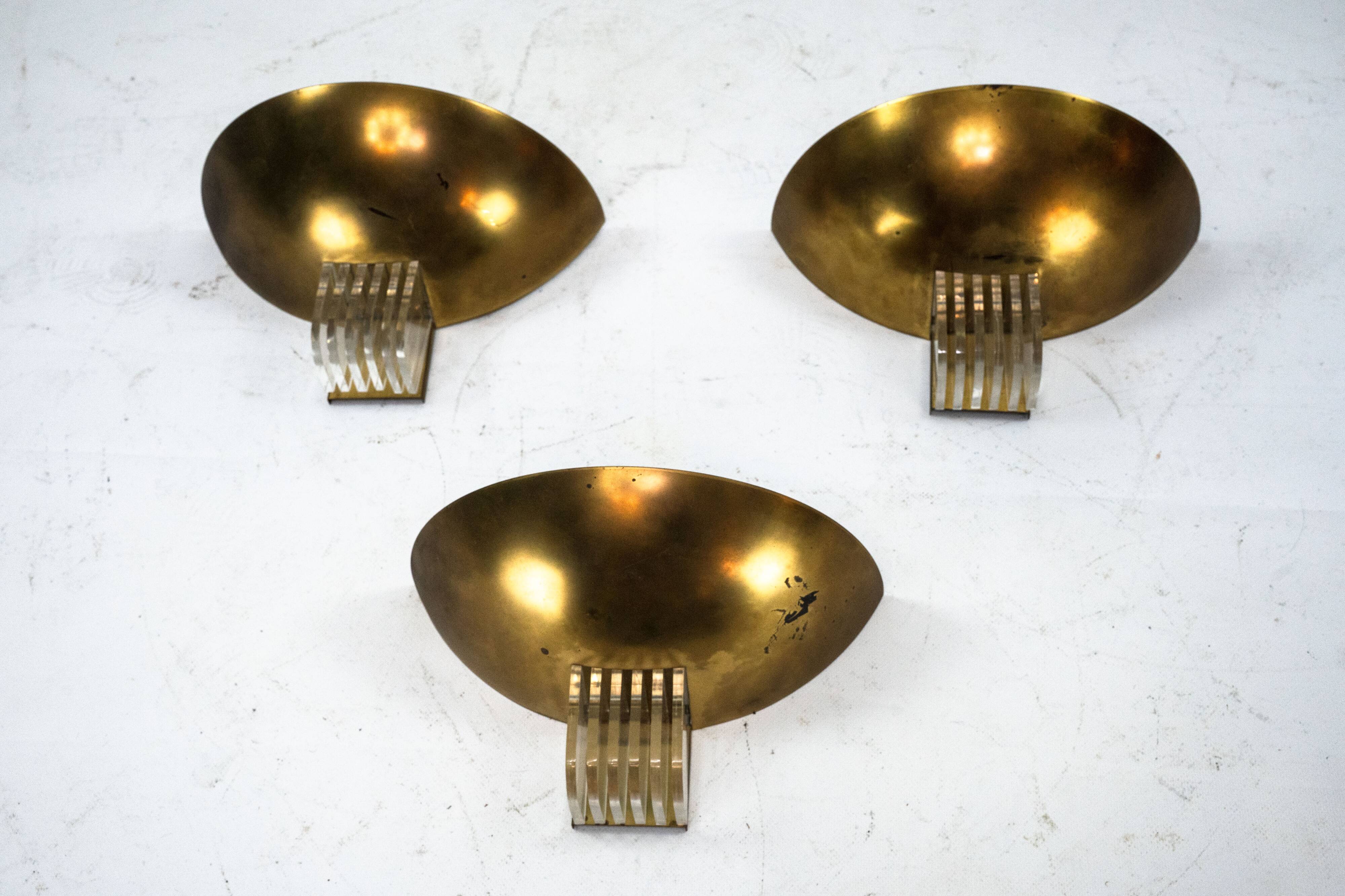 Set of three Italian Deco-style brass wall sconces, Italy 1970s