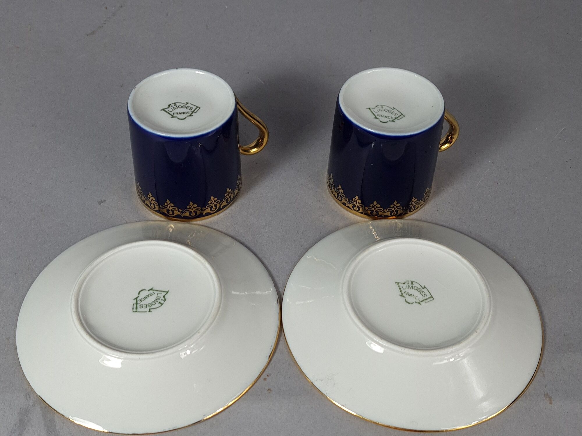 2 coffee cups shape Limoges porcelain litron, blue oven SB