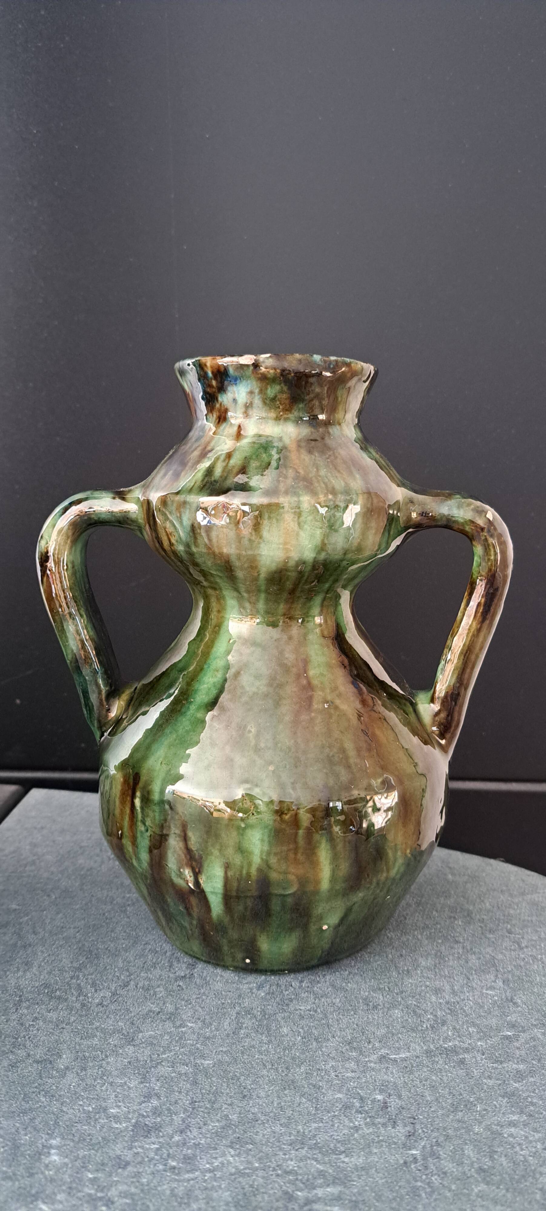 Art Deco Amphora Vase Ceramic Thulin Style (Belgium) Flamed Jasper Decor