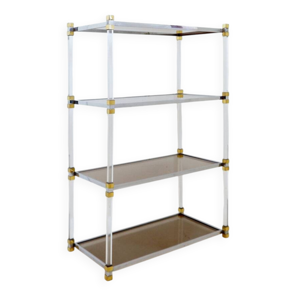 Étagère Claustra en plexiglas, verre fumé et laiton