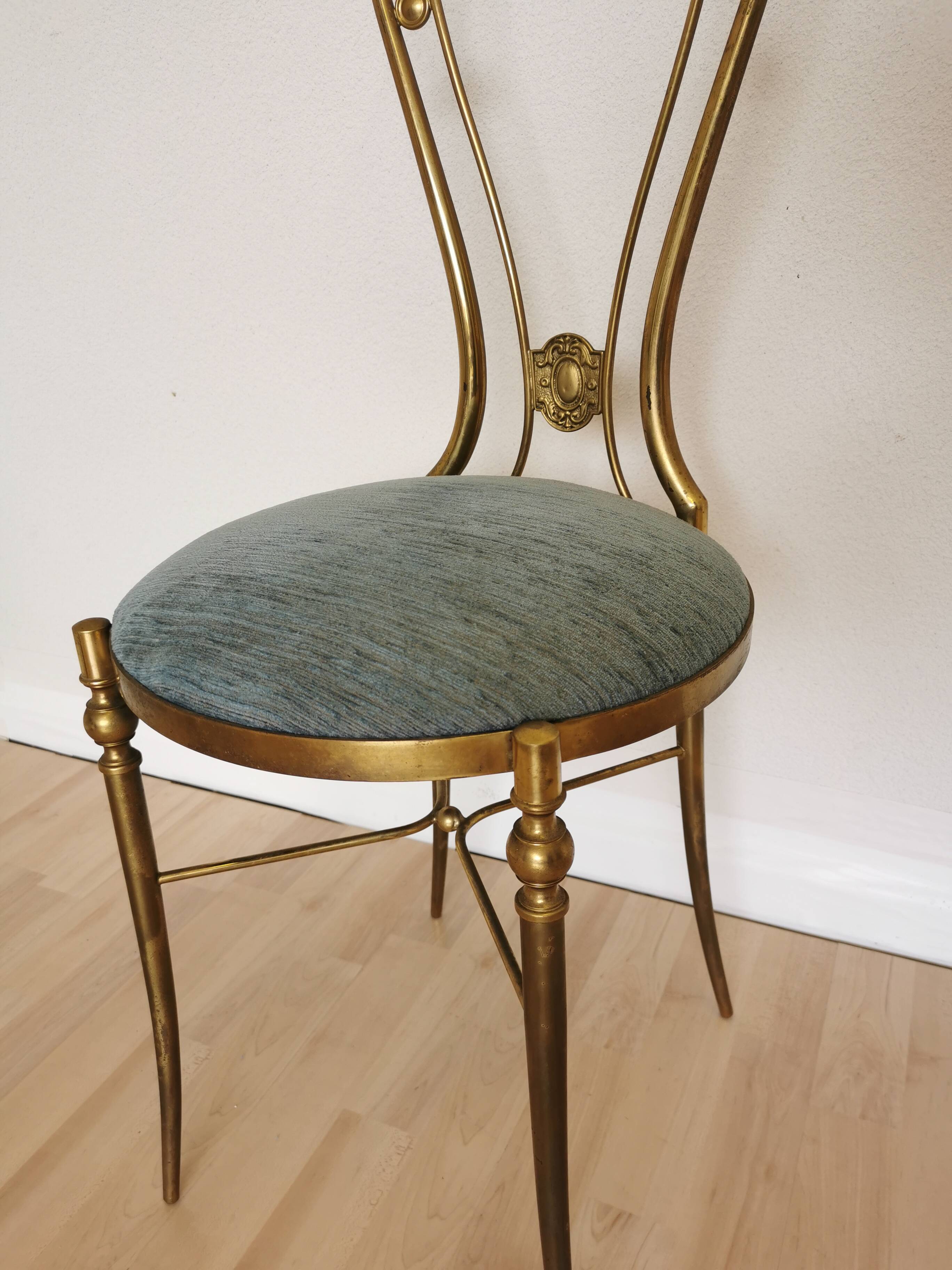 Vintage Paolo Buffa Brass Vanity Chair: Chiavari Style, Blue Fabric, 1950s