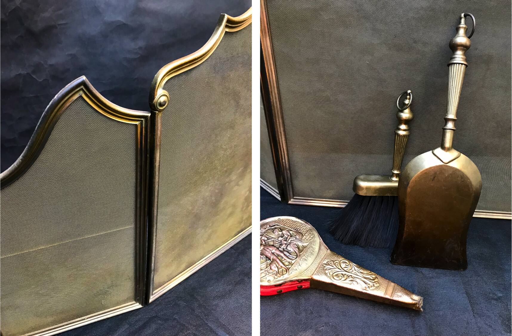 Old fire screen and accessories brass fireplace 1940 spark arrest fireplace firescreen