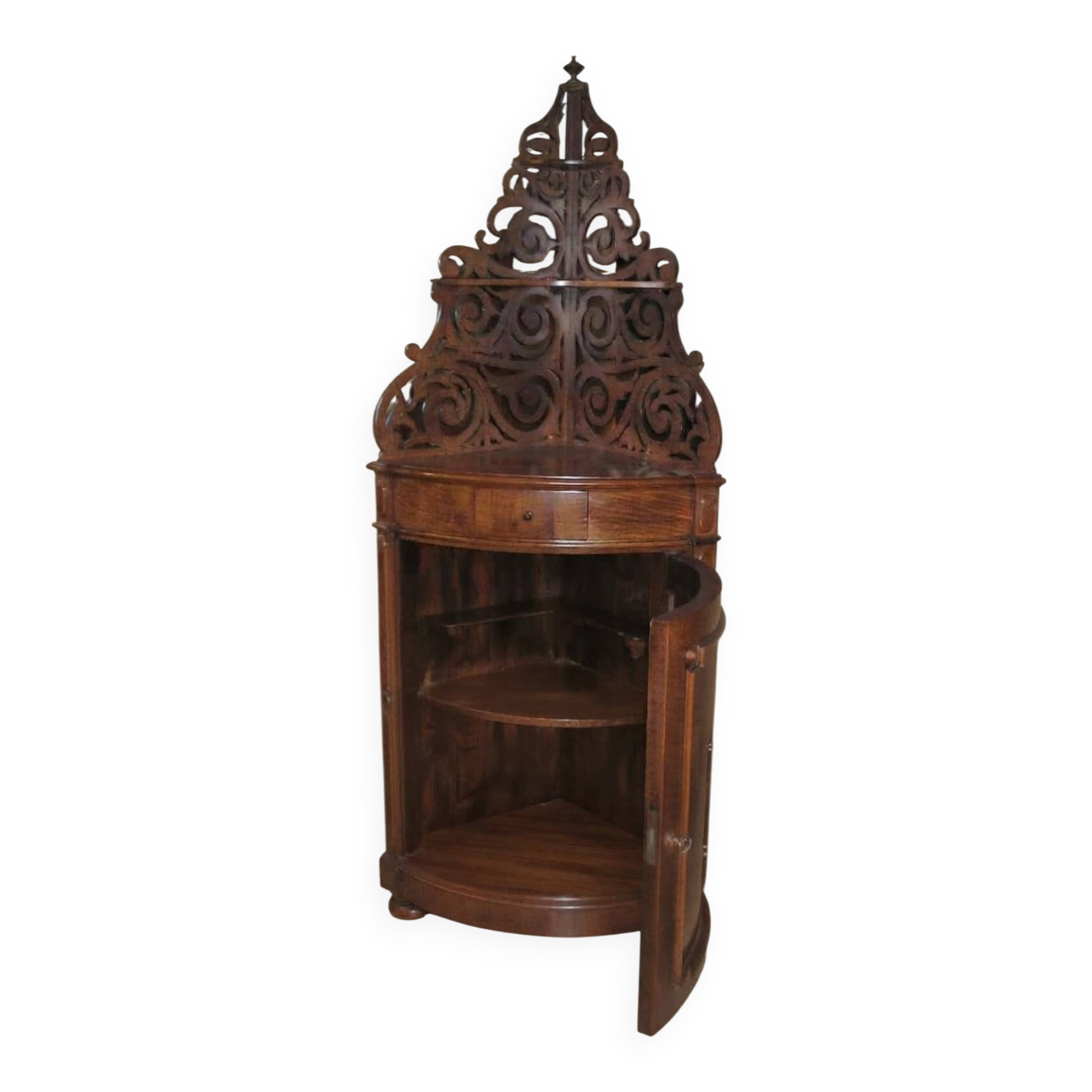 Meuble d'Angle en Bois Placqué en Ronce de Noyer avec Fronton Sculpté