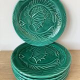 Vallauris - Set of 6 earthenware fish plates with green glaze