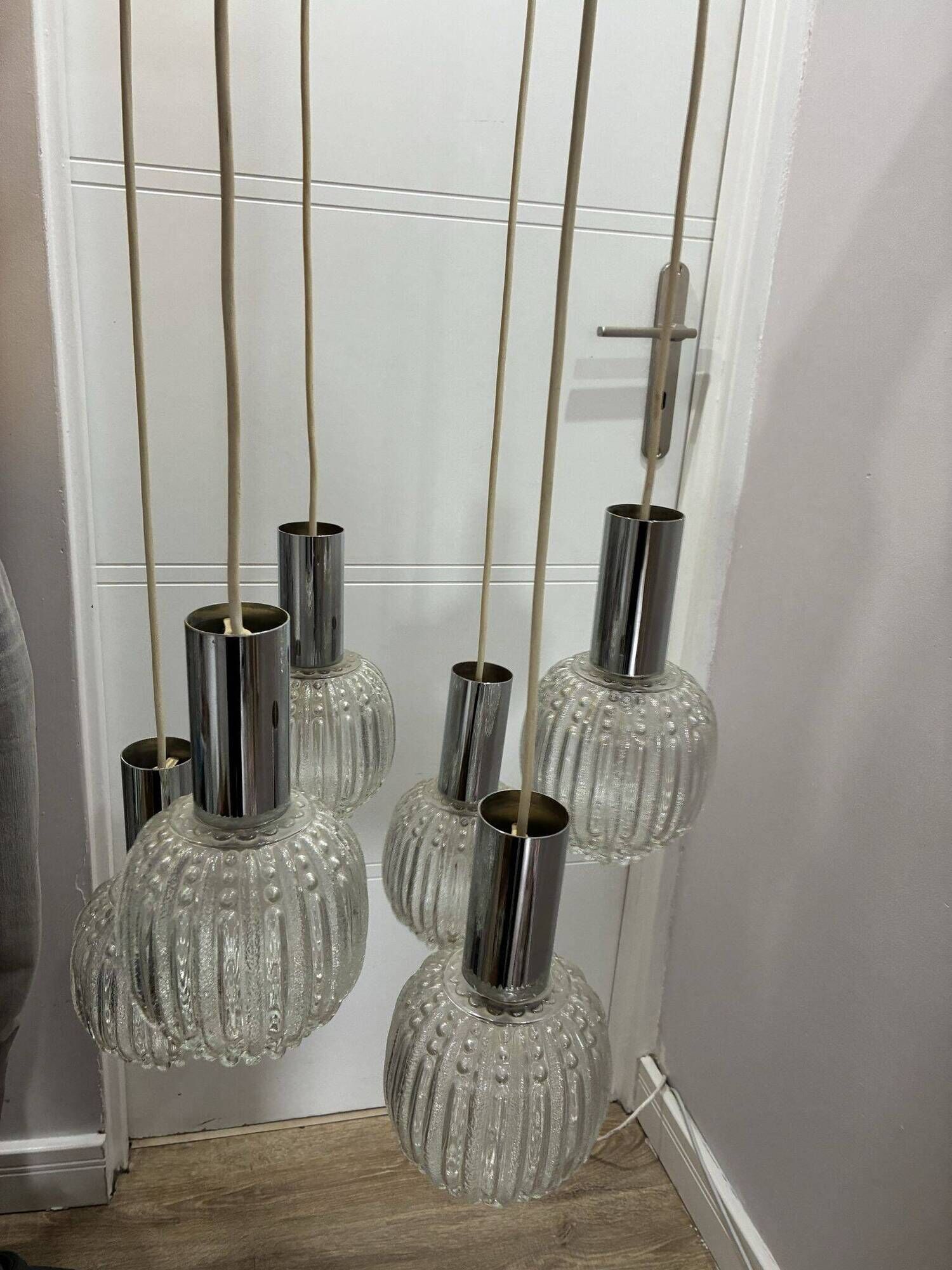 Sölken Leuchten cascade pendant lamp, textured glass and chrome, 1970s