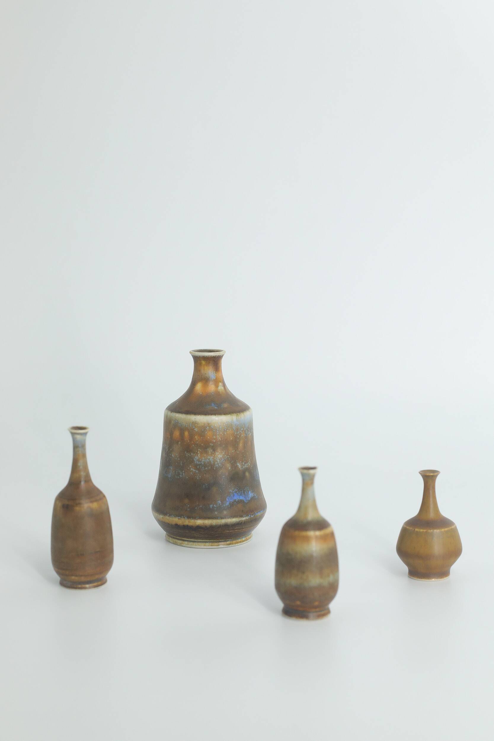 Small Mid-Century Scandinavian Modern Collectible Brown Stoneware Vases by Gunnar Borg, Set of 4