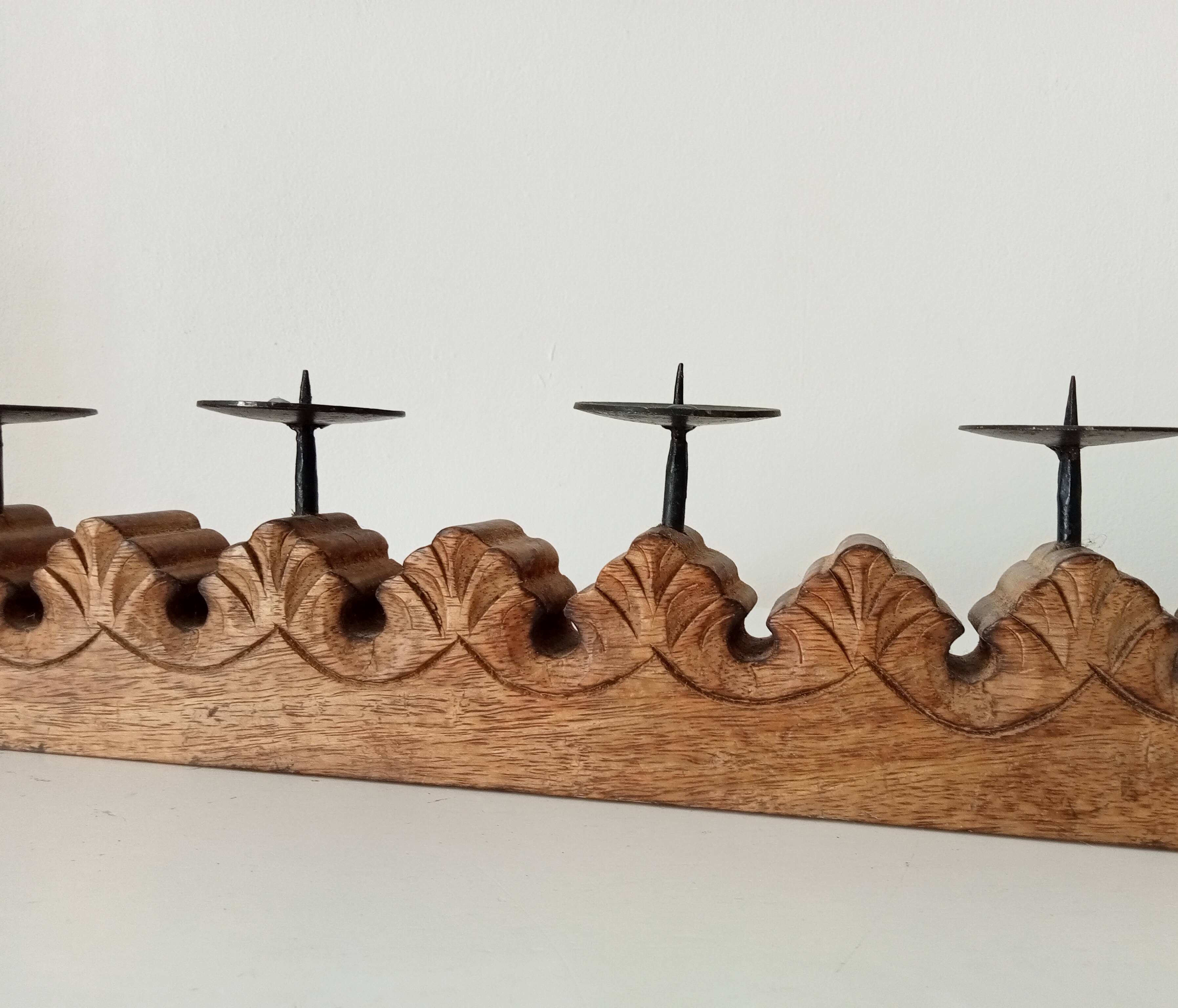 Vintage chandelier in solid oak and wrought iron.