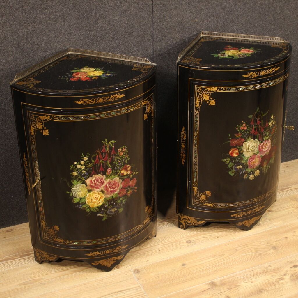 Pair of lacquered and painted French corner cabinets